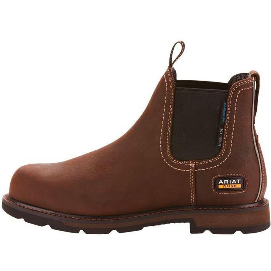 Men'S Ariat | Ariat Men'S Groundbreaker Chelsea 6" Steel Toe Wp Work Boot - 10024983 Brown