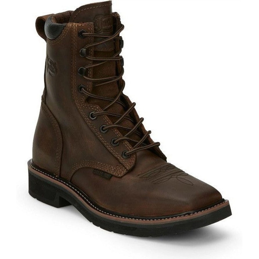 Men'S Justin | Justin Men'S Pulley 8" Steel Toe Lace Up Western Work Boot Se682 Brown