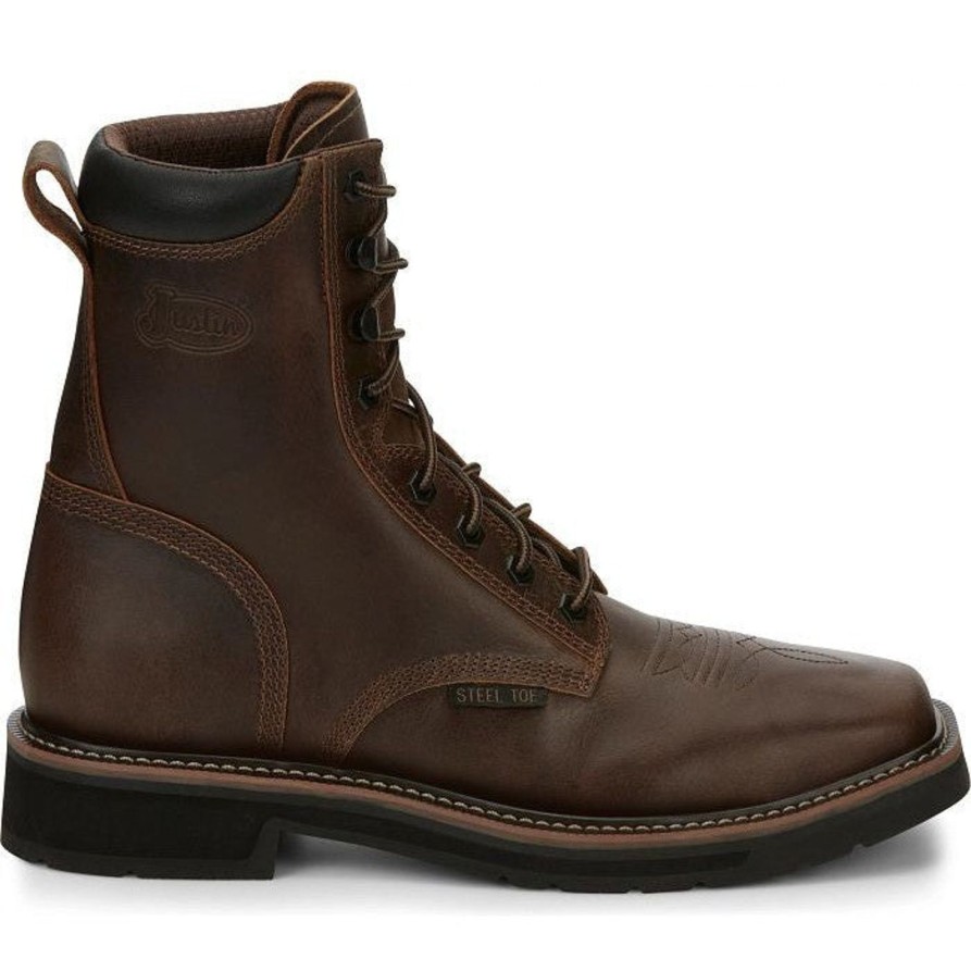 Men'S Justin | Justin Men'S Pulley 8" Steel Toe Lace Up Western Work Boot Se682 Brown