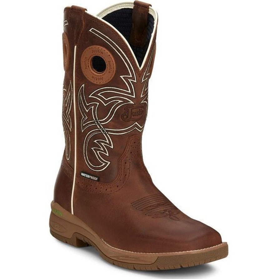 Men'S Justin | Justin Men'S Nitread 11" Square Toe Wp Western Work Boot Cr3200 Brown