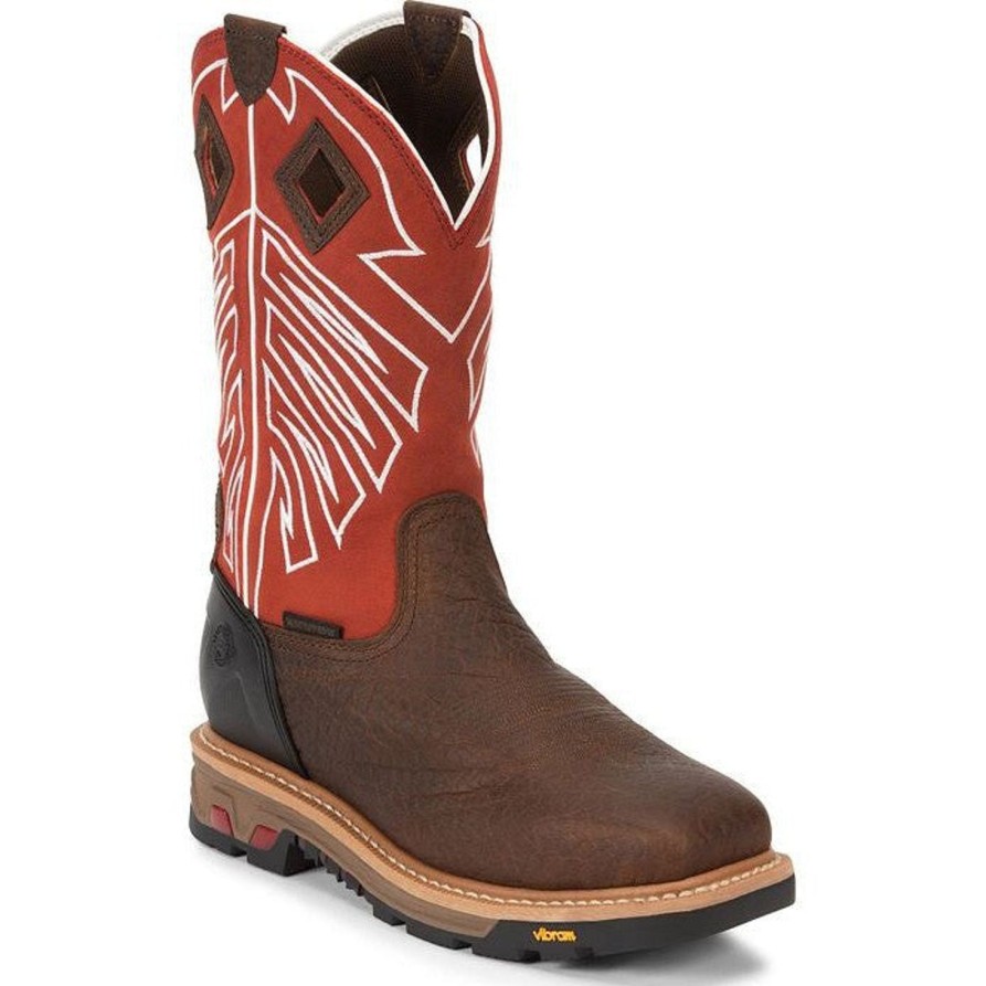 Men'S Justin | Justin Men'S Roughneck 12" Steel Toe Wp Western Work Boot Wk2115 Brown