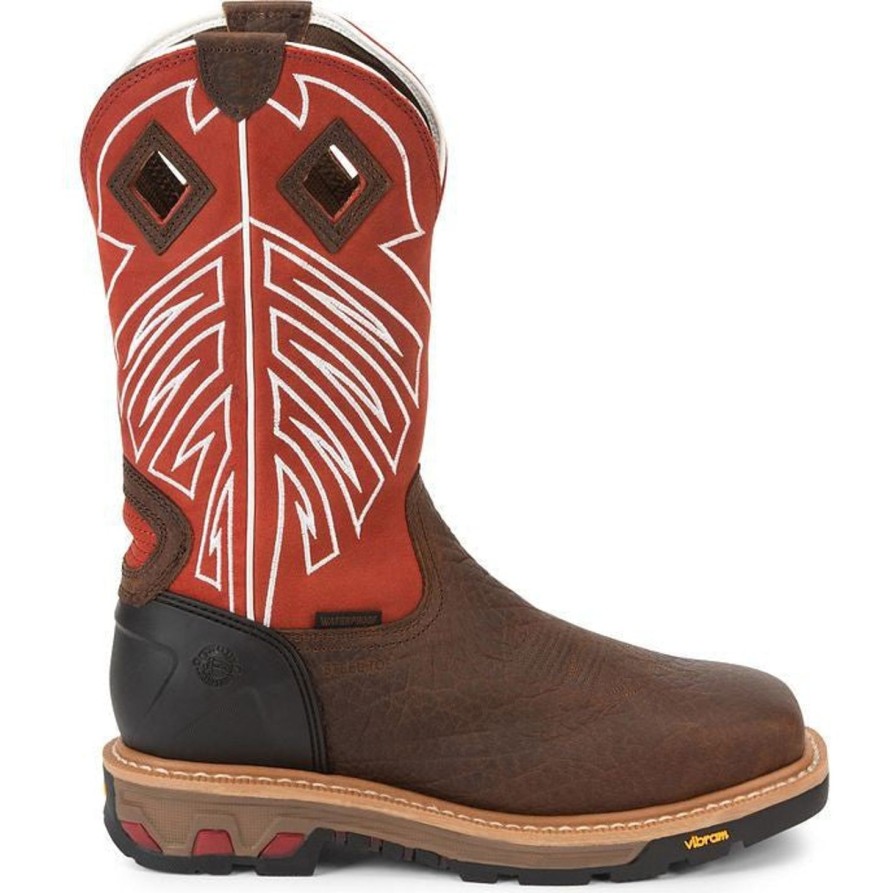 Men'S Justin | Justin Men'S Roughneck 12" Steel Toe Wp Western Work Boot Wk2115 Brown