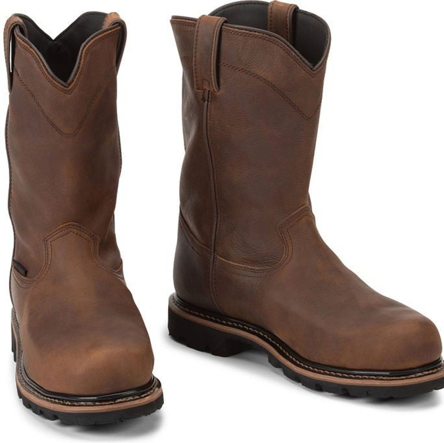 Men'S Justin | Justin Men'S Pulley 10" Comp Toe Wp Western Work Boot Wk4630 Brown