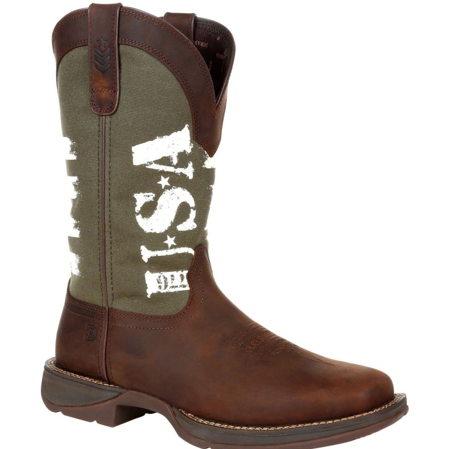 Men'S Durango | Durango Men'S Rebel Army Green Usa Print 12" Square Toe Western Boot Brown