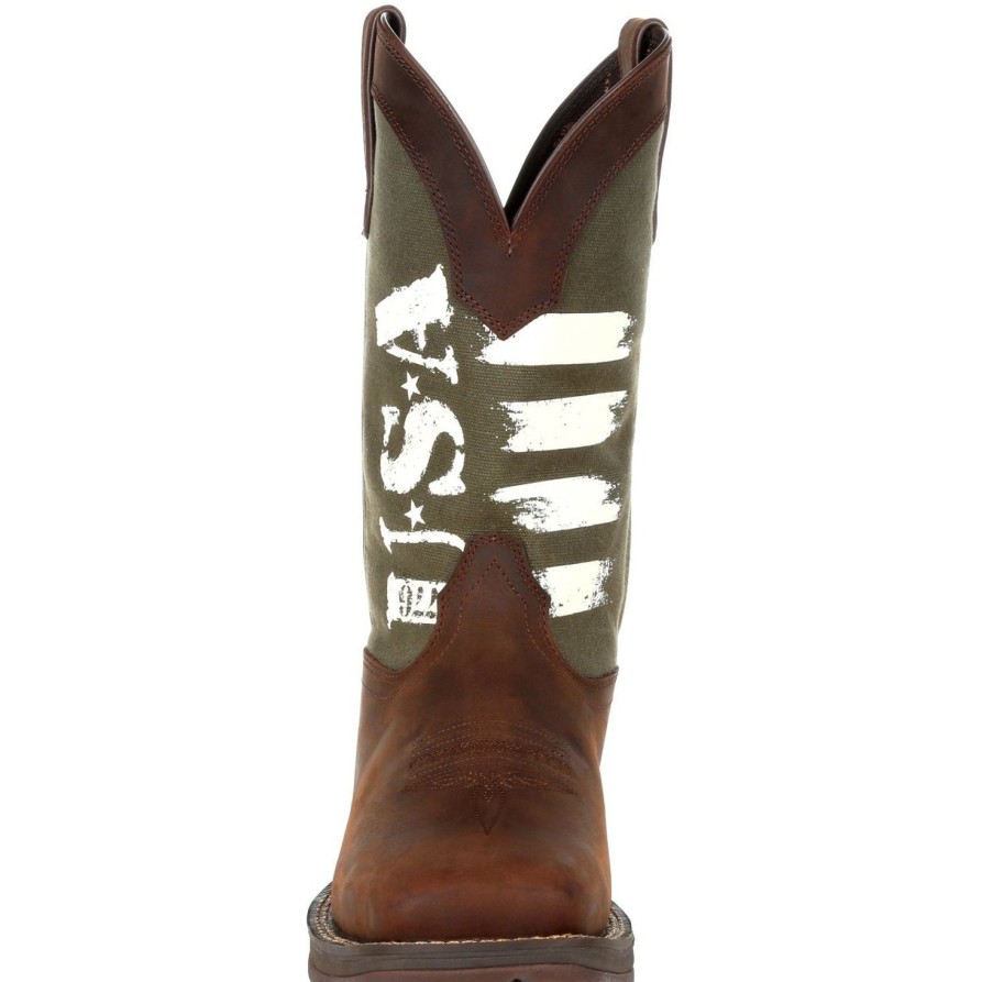 Men'S Durango | Durango Men'S Rebel Army Green Usa Print 12" Square Toe Western Boot Brown