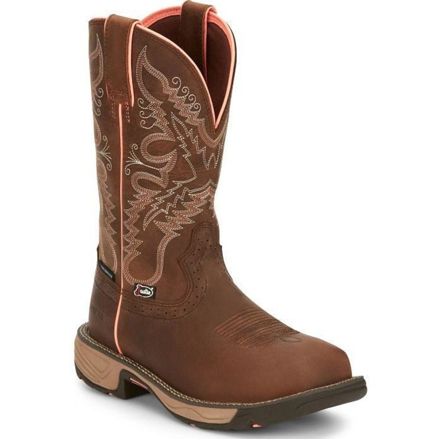 Women'S Justin | Justin Women'S Rush 11" Comp Toe Wp Western Work Boot Se4357 Brown