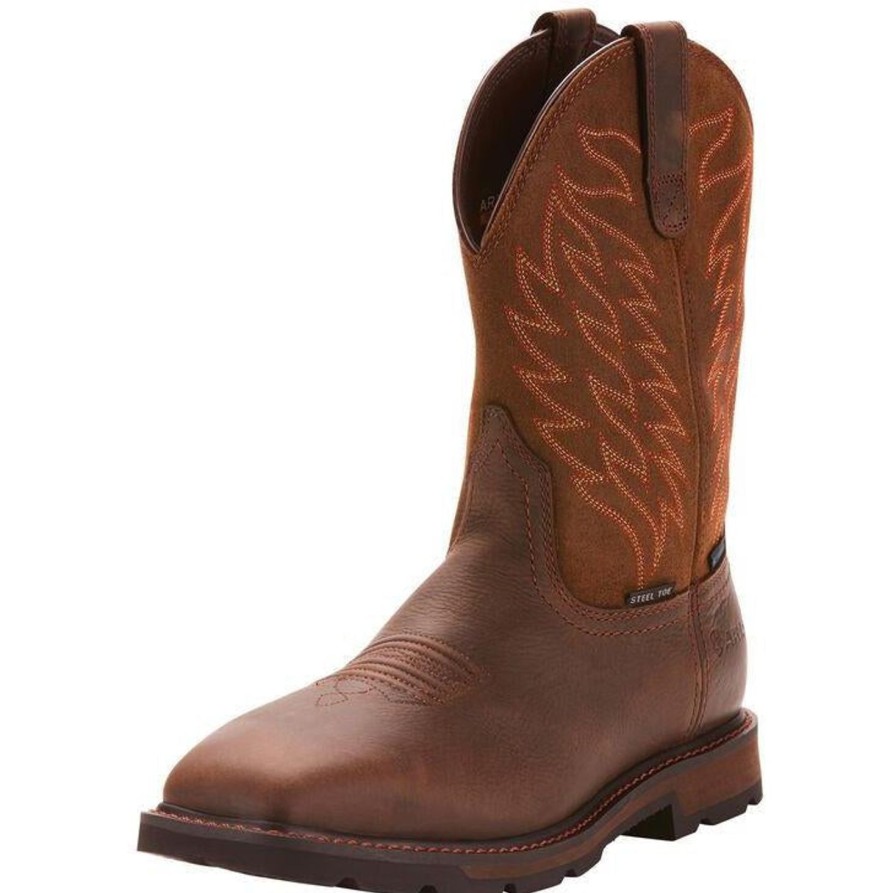 Men'S Ariat | Ariat Men'S Groundbreaker 10" Wide Sqr Stl Toe Wp Work Boot - 10024992 Brown