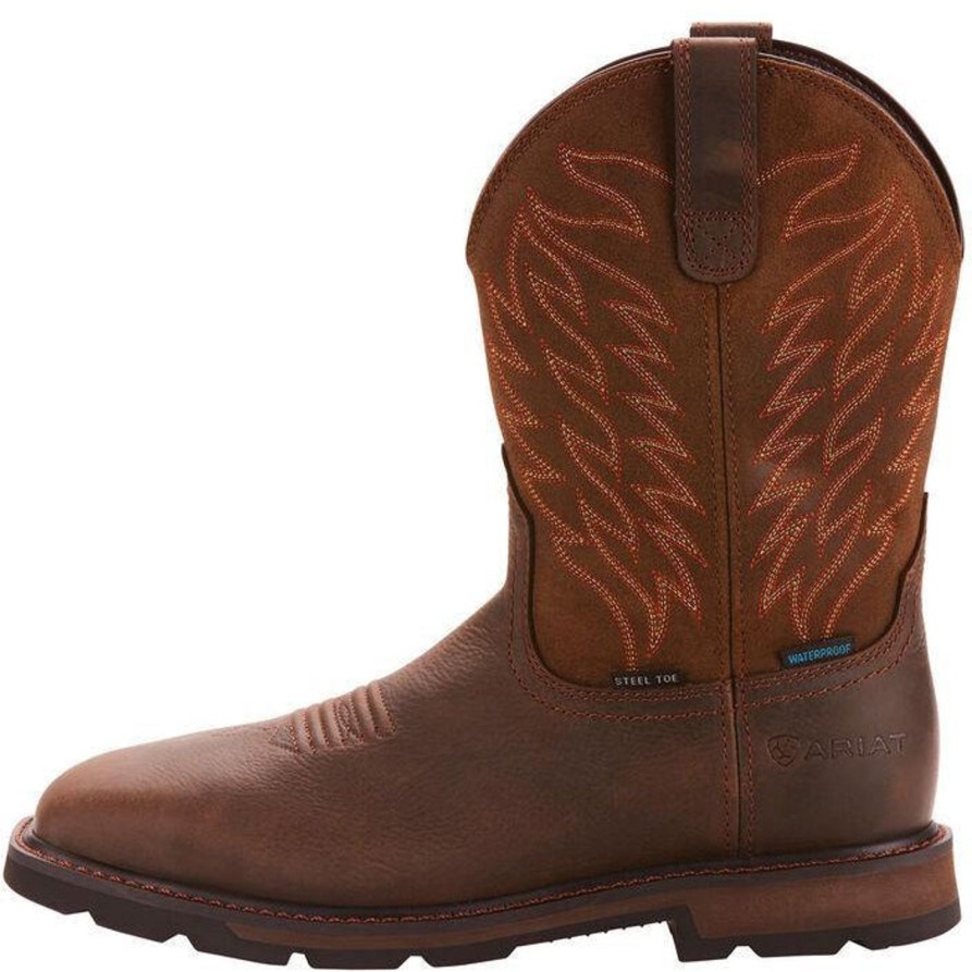 Men'S Ariat | Ariat Men'S Groundbreaker 10" Wide Sqr Stl Toe Wp Work Boot - 10024992 Brown