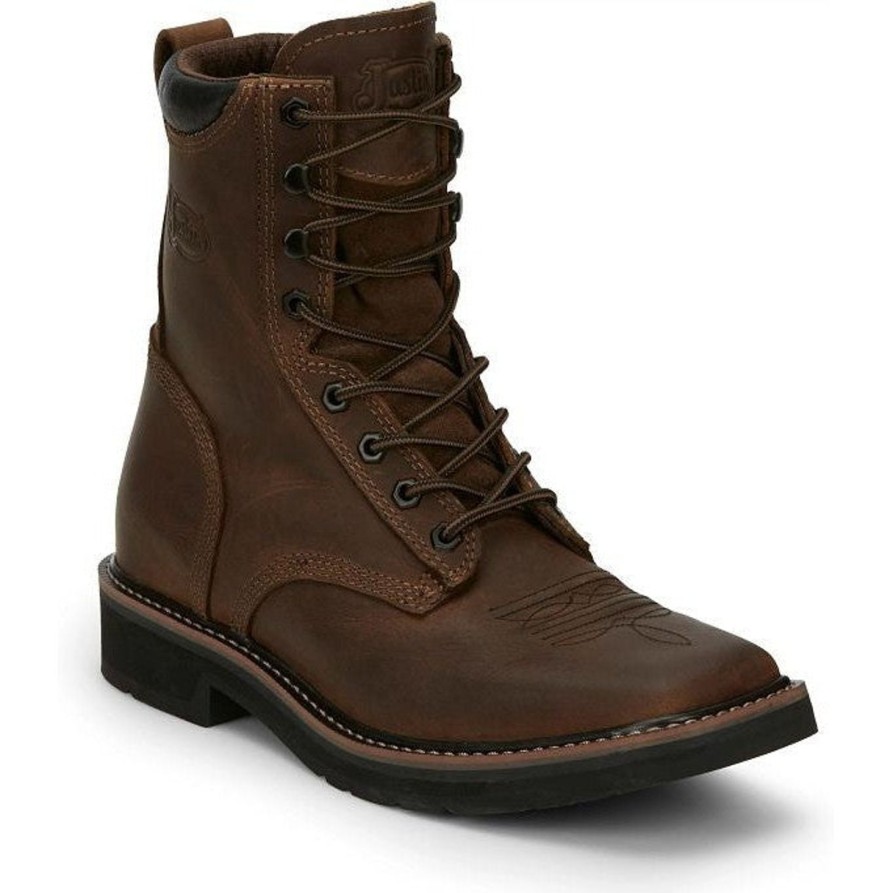 Men'S Justin | Justin Men'S Pulley 8" Lace Western Work Boot Se681 Brown